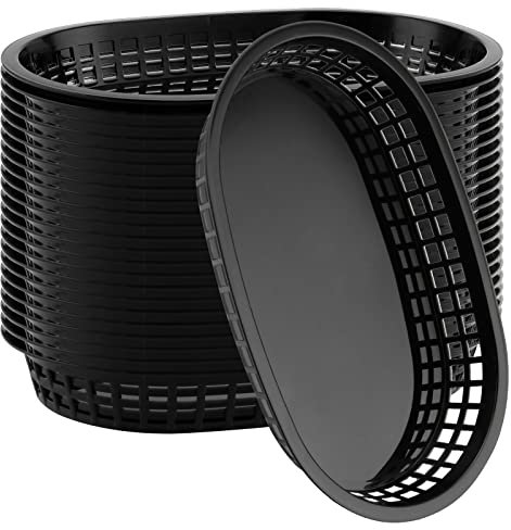 KOHAND 24 Pack 11 x 7 Inch Black Fast Food Basket, Plastic Oval Shaped Fast Food Serving Basket, Deli Food Service Basket for Bread, Hot Dog, Burgers, Sandwiches, Fries, Barbecues