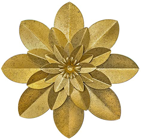 Golden Metal Flower Wall Art Decor, 9.5“ Rustic Modern Floral Sculpture, Distressed Iron Wall Hanging Home Decoration Accent Artworks for Indoor Kitchen Bedroom Living Room Office Outdoor Garden Patio