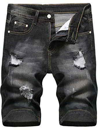 Tomwell Pantaloncini di Jeans da Uomo Pantaloni Corti Strappati con Buco Shorts Casual Estivo Ragazzo Pantaloncini in Denim Blu Spiaggia Bermuda Tasche Shorts J Nero L