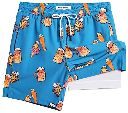 MaaMgic 2 in 1 Badehose für Herren mit Kompression Innenhose | 7 Schnelltrocknend Badeshorts Männer 4 Way Stretch Boardshorts mit Reißverschlusstasche Verstellbar Tunnelzug,M,Bier Flamingo Blau