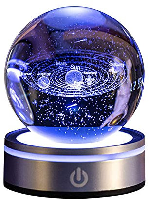 mumisuto Sfera di Cristallo 3D, Sfera di Cristallo 3D Sistema Solare, luce notturna 3d con sfera di cristallo con LED Light Up Base Casa Decorazione Ornamento Astronomia Regali educativi di Natale