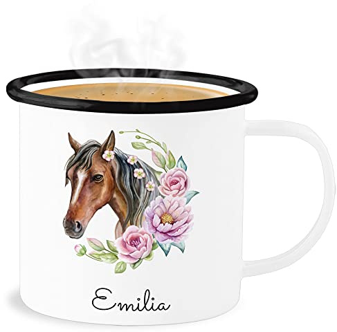 Emaille Becher Blechbecher - Pferd Pferde - Wunschname Pferdekopf Name I Pferdemotiv I Geschenk Pferdemädchen - 300 ml - Weiß Schwarz - tasse pferden horse tassen