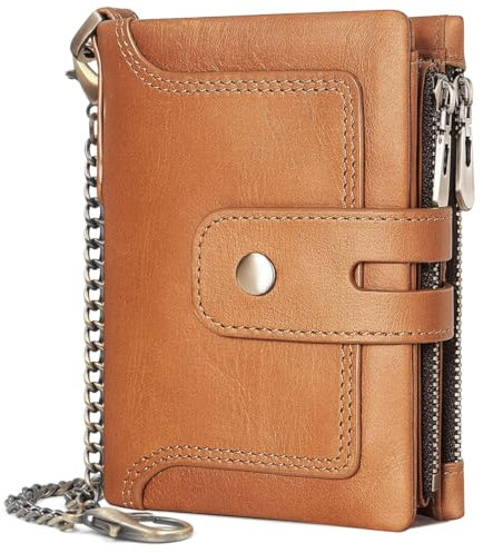 REETEE Leder Geldbörse Herren mit RFID Schutz Slim Portmonee Herren mit Kette Echtleder Klein Geldbeutel Männer 15 Kartenfächern und Reißverschluss Münzfach Portemonnaie Damen Brieftasche (braun)