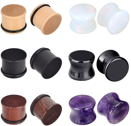 Longbeauty 12er Set Holz Silikon Stein Flesh Tunnel Plugs Ohr Piercing Schmuck Mix Set