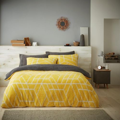 GC GAVENO CAVAILIA Multi Stripes Teddy Fleece Double Bed Duvet Cover Set With Pillowcases, Snuggle & Fluffy Fleece Triangle Quilt Covers Set, Thermal Warm Teddy Bear Bedding, Ochre