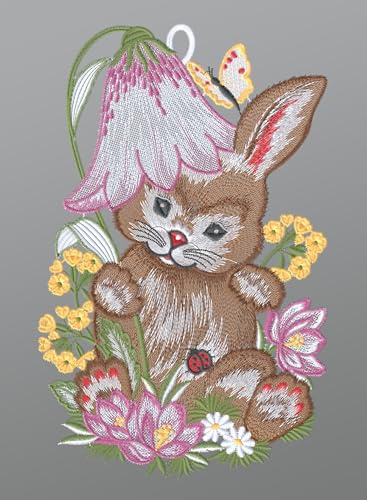 Plauener Spitze Fensterbild Osterhase mit Blütenhut (Bx H) 20cm * 31cm Mehrfarbig Fensterdekoration Fensterschmuck