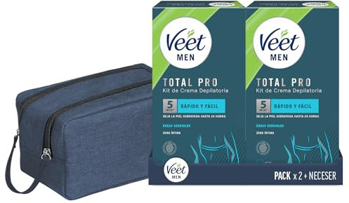 Veet Men Kit de Depilación para Zonas Íntimas del Cuerpo, Crema Depilatoria Hombre 100 ml y Bálsamo Post-Depilación 50 ml, Pack x2 y Neceser de Regalo