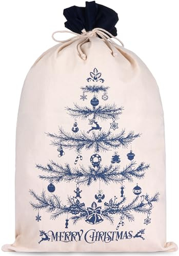 BRUBAKER Weihnachtssack Tannenbaum Blau - 80 cm Geschenksack Weihnachten - Nikolaussack Sack Baumwolle mit Kordel zum Verpacken von Geschenken - Weihnachtsbaum geschmückt