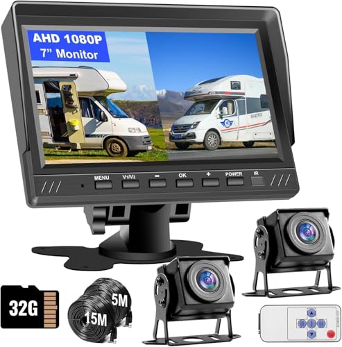Dual Backup Camera 7 Split Monitor with 32G SD Card Kit, AHD 2 Channels Split Screen with 32G Recording, Reversing Camera IP69 Waterproof Front & Rear View Camera for Truck Trailer Semi-Trailer Box