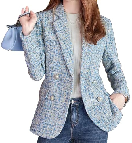 HUEOBIR Happy Crew Blazer en tweed ouvert à double boutonnage pour femme, 1-bleu, XX-Large