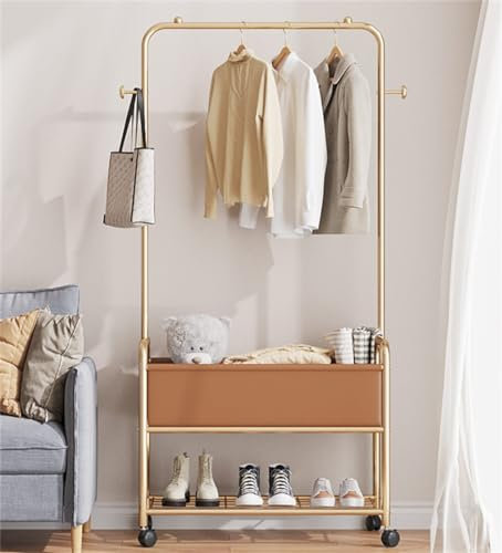 HUMAJORY Kleiderstange, Tragbarer Kleiderständer mit Haken und Metallablage, Kleiderstange mit Schuhregal/Ablage, for Mäntel, Röcke, Hemden, Pullover(Gold)