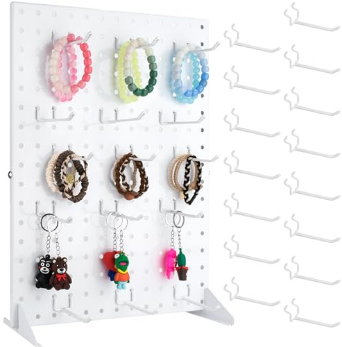 VACONICO Peg Board Display Stand with 15 Hooks, Desk Metal Pegboard Shelf for Craft Shows & Fairs, Retail Stores, Vendors Arts and Crafts Finishing - 17x13Inch & White