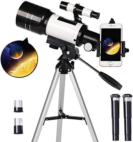 Teleskop für Kinder und Anfänger, 70 mm Öffnung, 300 mm astronomisches Refraktorteleskop, Stativ und Sucherfernrohr – tragbares Reiseteleskop mit Smartphone-Adapter und kabelloser Fernbedienung