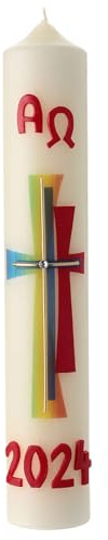 Osterkerze, 10% Bienenwachsanteil, mit buntem Kreuz und Strass, 400x70 cm
