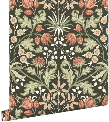 papier peint fleurs vintage de style art nouveau vert foncé et terracotta 50 x 900 cm - ESTAhome