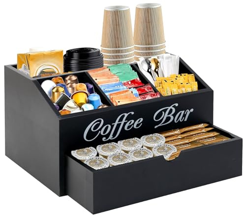 Eastsign Kaffeebar Organizer Holz Rustikal – 2-stöckige Kaffeestation mit Schrägboden & herausnehmbarer Schublade – Zubehör Aufbewahrung für Sirup, Becher, Kapseln & Tee – für Küche & Büro