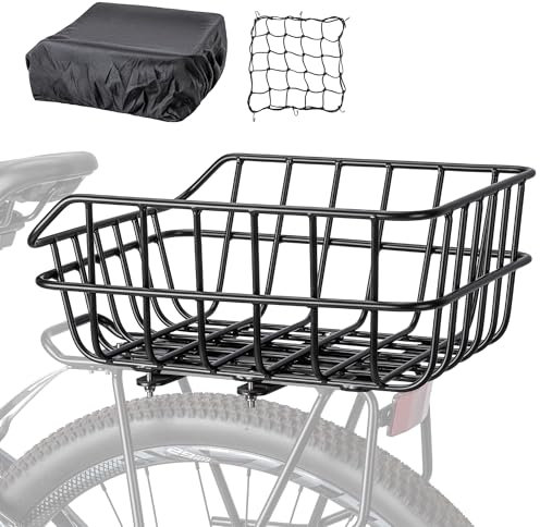 PINNAMAX cykelkorg stor bak för bagagehållare, cykelkorg med nät och lock, svart