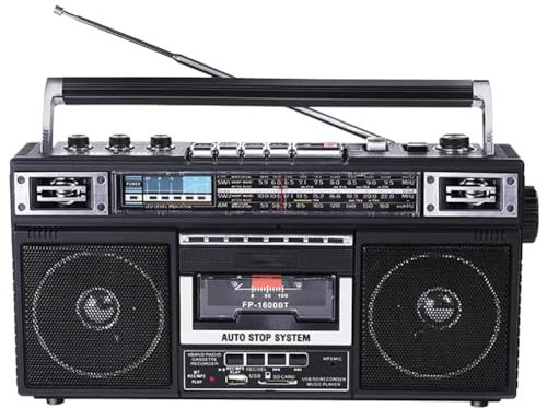 Reproductor de CD y Casete Retro Boombox, conversión de MP3 de Radio a Casete con Radio de 4 Bandas (Am, FM, SW1, SW2) con Bluetooth, Altavoces duales de 3 Bandas, micrófono Incorporado, grabadora y
