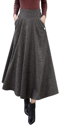 WAVDSYB Falda larga de lana a cuadros de cintura alta para mujer para otoño e invierno, café, XL