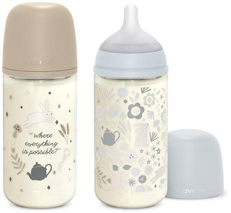 Suavinex, Confezione Biberon in Vetro da 240 ml. SX Pro Biberon simmetrica in silicone, Anti-colica, Biberon a flusso medio (M), Per bambini +3 mesi, Wonder Azzurro Beige