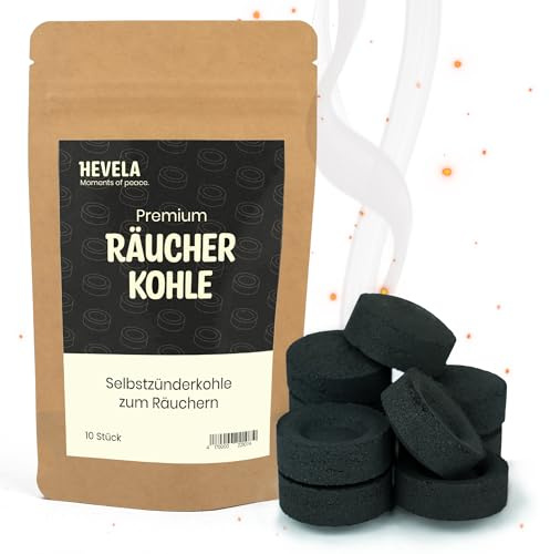 Hevela® - Räucherkohle [Premiumqualität] - 10 Stück - Selbstzündende Kohletabletten für Weihrauch & Räucherwerk - Schnellzündend & Raucharm - Langanhaltende Glut - Perfekt für Meditation & Entspannung