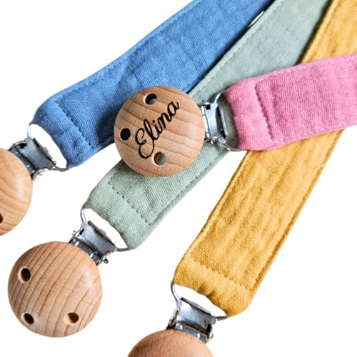 Lovely Personalisiertes Baby Geschenk, Mädchen/Junge, Schnullerkette mit Name, Schnullerband, verschiedene Farb-Varianten Gravierter Clip (3.Blau)
