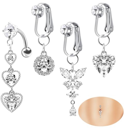 viallolipa 4/5Pcs Fake Belly Button Piercing Rings Clip on Belly Button Ring, Women Surgical Steel Belly Bars Fake Belly Piercing with Dangle Heart & Butterfly, Silver Pierc ing Jewllery for Women