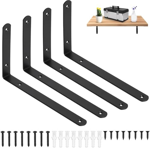4 Pcs Equerre Etagere Murale noirs, Equerre Charge Lourde, Supports en L, Supports d'Étagère Murale Metal Industrielle pour Étagère Bois, 250 x 146 x 24 mm Épaisseur 4 mm