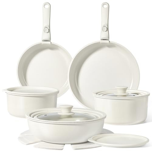 GiPP 15PCS Pots and Pans Set Non Stick,Granite Nonstick Kitchen Cookware Set with Detachable Handle, PFAS & PFOA Free, RV Cookware Set for Camping, Oven Safe(White,15PCS-Big Size)