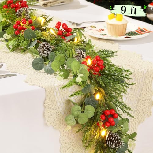 Lewondr Christmas Garland with Lights, 9FT 30 Warm LED Garland Lights Battery Operated with Timer, Christmas Decorations Indoor for Stairs Railing Fireplace Mantel, Artificial Eucalyptus Garland
