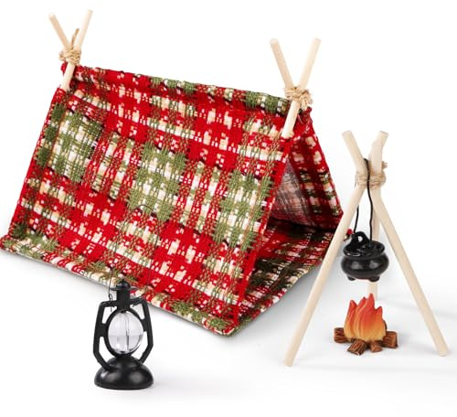 BETESSIN Wichtel Zubehör Weihnachten - Miniatur Camping Set mit Zelt, Lagerfeuer, Kessel & Laterne - Wichteltür Zubehör Weihnachten - Miniatur Deko für Weihnachtswichtel, 1/12 Puppenhaus Zubehör