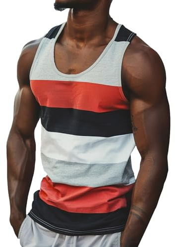 riou Camiseta Tirantes Hombre Verano Playa Moda Rayas Estampado Camiseta sin Mangas Hawaiano Chalecos Deportivos Original Casual Chandal Tank Top T-Shirt básica Talla Grande Vacaciones