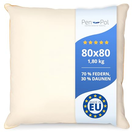 pen pol Federkissen 80x80 cm 1800g – Kopfkissen zum Schlafen 70% Federn & 30% Daunen – Naturfüllung – Bettkissen 100% Baumwollbezug – Atmungsaktiv & Formstabil – Weiches Kopfkissen – Made in EU - Ecru