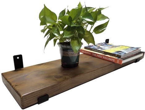 Handcrafted Rustic Heavy Duty Wooden Shelves Wall-Mounted Floating Shelves with Seated Black L Brackets-Dark Brown(100x22.5x4.5cm,Rustic Pine)