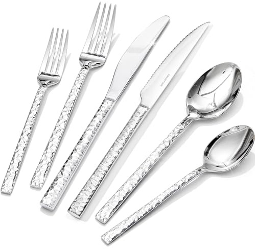 KINGSTONE 36 Piece Silverware Set with Steak Knives, Hammered Silverware Set for 6, 18/10 Stainless Steel Flatware, Cutlery Set for Home, Party, Wedding, Mirror Polished Dishwasher Safe