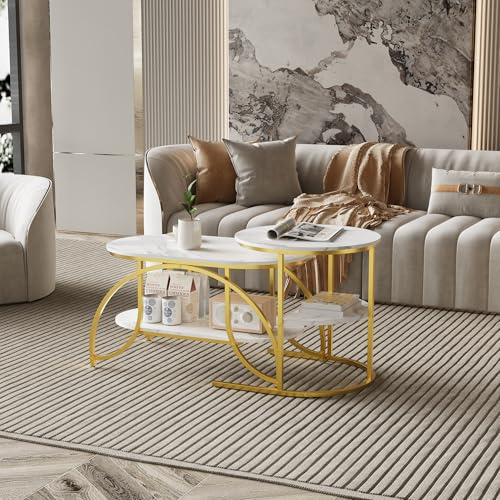 Set con 2 tavolini, tavolini rotondi, tavolini con spazio di archiviazione, tavolini con struttura in metallo resistente per soggiorno, camera da letto, ufficio (ovale, bianco + oro)