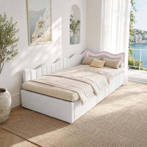 SUNFECILI 90x200 cm Schlafsofa mit Bettkasten, Polsterbett Daybett mit Kopfteil, Schlafsofa Einzelbett gepolstert mit Lattenrost, Boxspringbett mit Bettkasten, Tagesbett (Weißer Teddystoff)