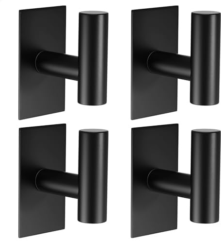 WUIVIUT Self Adhesive Hooks, Towel Hanging for Door, No Drill Hooks Coat, Bathroom Hanging for Wall, Towel Holder for Clothes, Heavy Duty Stick On Robe Hooks (Black, 4 Pack)