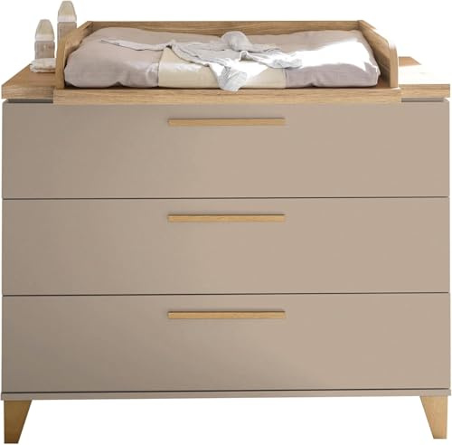 HILDA PEPPINI Kommode inkl. Wickelaufsatz Mauvella Oak 120 x 109 x 77 cm | Wickelkommode mit 3 Schubkästen und Ablageflächen für das Babyzimmer, abnehmbarer Wickelaufsatz, viel Stauraum