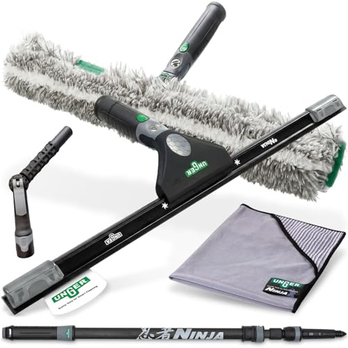 UNGER Ninja Profi Fensterreiniger 6in1 Carbon Stangen-Kit – Premium Fensterputzer Set mit Carbon-Teleskopstange, Winkeladapter, Profi Fensterabzieher & -Fensterwischer, MicroWipe und Ninja Liquid