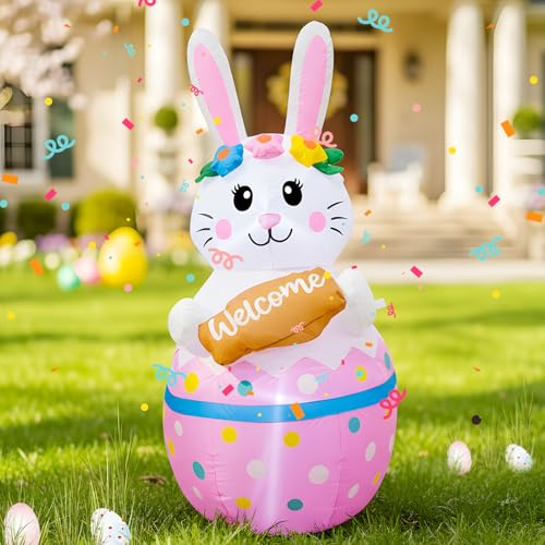 VIKIMORA 4FT Candy Bunny Easter Inflatables Outdoor Decorations, Blow Up Built-in LED Lights Happy Easter Yard Decorations for Holiday Party Indoor Outdoor Garden Lawn Decor