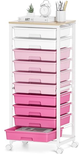 SYKIARIOL Aufbewahrungswagen mit 10 Schubladen, Kunststoff-Schubladen auf Rädern, Kunst- und Bastelwagen mit Holzplatte, Bastel-Organizer für Marker, Büro, Schlafsaal, Kinderzimmer, Rosa