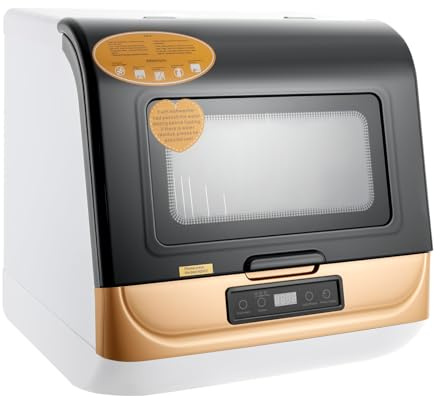 Tischgeschirrspüler, 800W Mini Geschirrspüler mit Touchdisplay, Camping-Geschirrspüler, 3 Waschmodi, 4-6 Maßgedecke Kapazität, für Küche/Wohnmobil, 45x40x44.8cm (Gold)