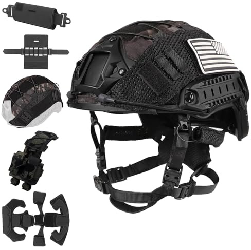 LZAQHMT Casco Tattico Da Paintball Regolabile Con Tasca Per Contrappeso, Copricasco E Fodera Migliorata - Equipaggiamento Militare Per CS, Airsoft E Cosplay(BLACK)