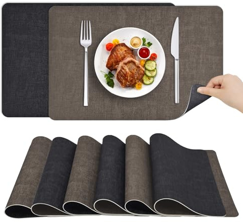 Set of 6 Tischsets Platzsets Faux Leder, Platzset Platzdeckchen | PU Kunstleder Abwaschbar, Rutschfest, Hitzebeständig, Doppelseitigen, Hause Küche Restaurant 30x43 cm, Beige Grau