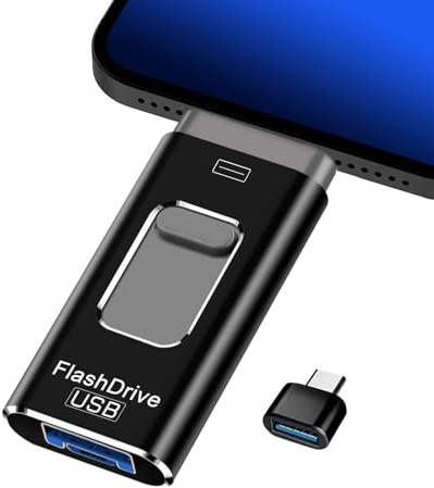 USB Stick 128GB 3in1 USB Backup Stick für iPhone/Android/PC, USB 3.0 Flash Laufwerk mit Lightning & USB-C, Externer Speicherstick Handy Fotostick mit App & Passwortschutz