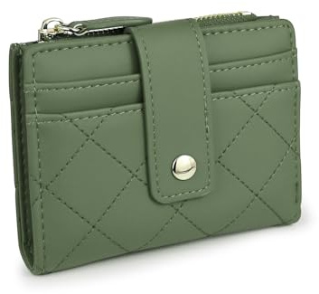 AdiStylinno Monedero para mujer pequeño, Rhombus Bifold PU Leder Kleine Portemonnaie für Frauen Geldbeutel Damen Klein Kurzformat Brieftasche mit Reißverschluss Münzfach ID Fenster, verde, 11.3 x 8.8