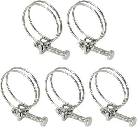 sourcing map 5 Pcs Double Wire Hose Clips 40-45 mm Stainless Steel Adjustable Wire Pipe Tube Clamps with M6 Screw Plumbing Joint Fastener for Dust Collection Pool Pond, Silver