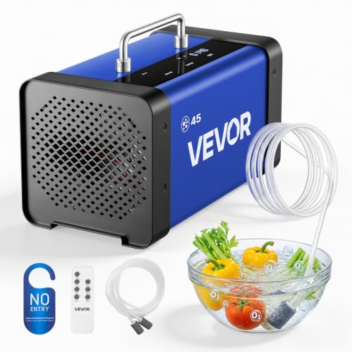 VEVOR Generador de Ozono 45000 mg/h con 12 Tubos de Cuarzo, Control Remoto, Doble Modo, Máquina de Ozono con Doble Manguera, Difusores de Corindón, Cobertura hasta 350 m², para Cocina Oficina Hogar