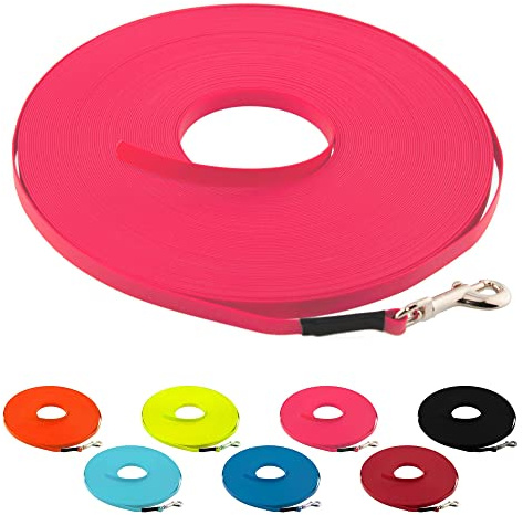 LENNIE Ultraleichte BioThane Schleppleine für Hunde bis 5kg, 20m lang, ohne Handschlaufe, Neon-Pink, genäht, 9 mm